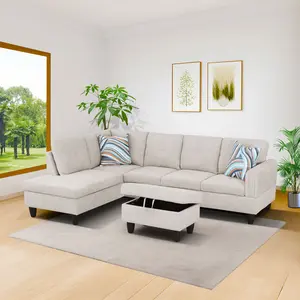 5-Seat Light Grey Fluffy Cotton Sofa with Fixed Arms, Soft Texture, Comfy Stylish Modern Indoor Couch Furniture for Living Room & Apartment