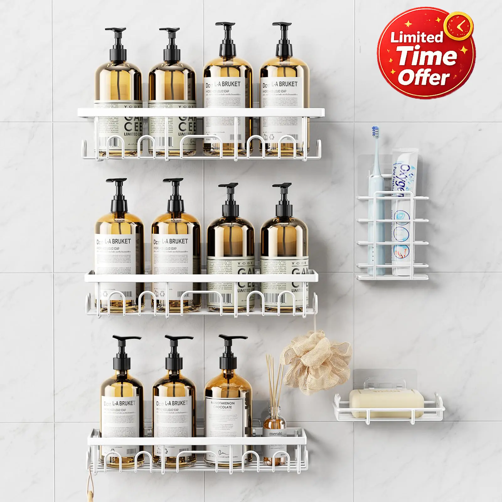 Benazcap Shower Caddy 3/5 Pack Stainless Steel Rustproof Adhesive Organizer with Soap & Toothbrush Holder No Drilling for Bathroom Kitchen Home