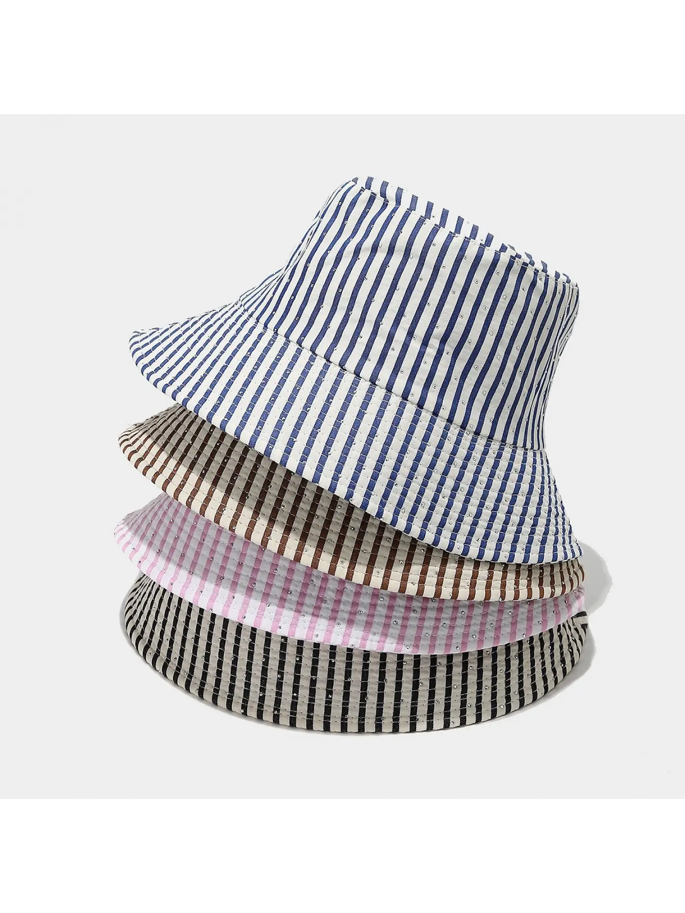 Japanese-style artistic fashion striped wide-brimmed bucket hat with rhinestones, retro sun hat that makes the face look smaller, trendy outdoor sun hat