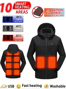 Men's Casual Solid Color Long Sleeve Hooded Cotton Jacket, Winter Fitted Heated Coat with Zipper Pocket, Warm Thermal Outerwear