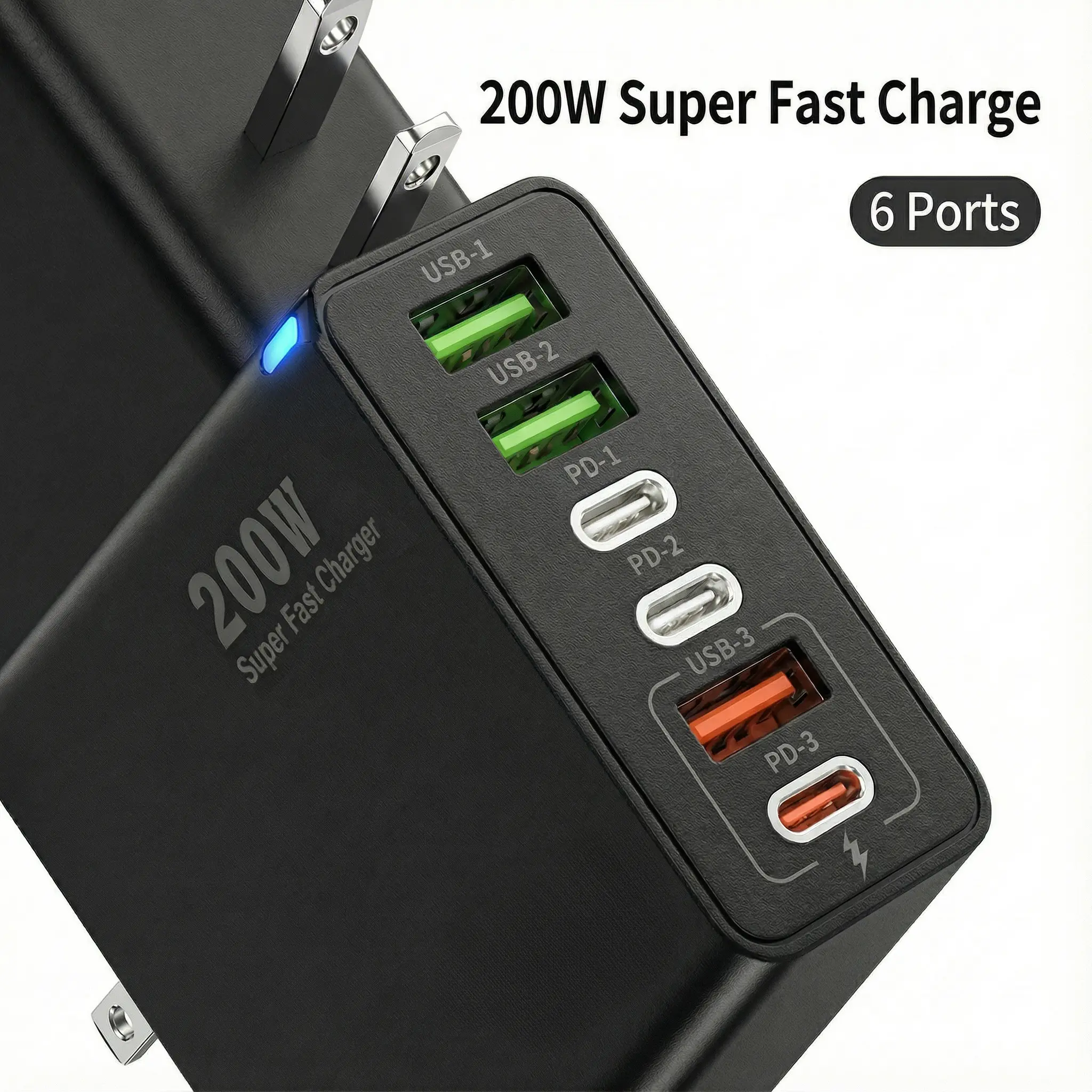 200W Portable Fast Charger - 3 USB-C + 3 USB-A 6-Port Compact Travel Charger for iPhone 8 & Newer (17,16,15,14 Series) – Ideal for Mobile Devices, Electronic Devices, Fast Chargers