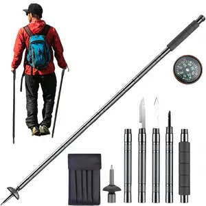 7-in-1 Adjustable Trekking Pole，Multifunctional hiking stick with Tinder,Compass,SawBlade, Screwdriver & Pliers for Hiking & Camping stick multi-scenario camp con