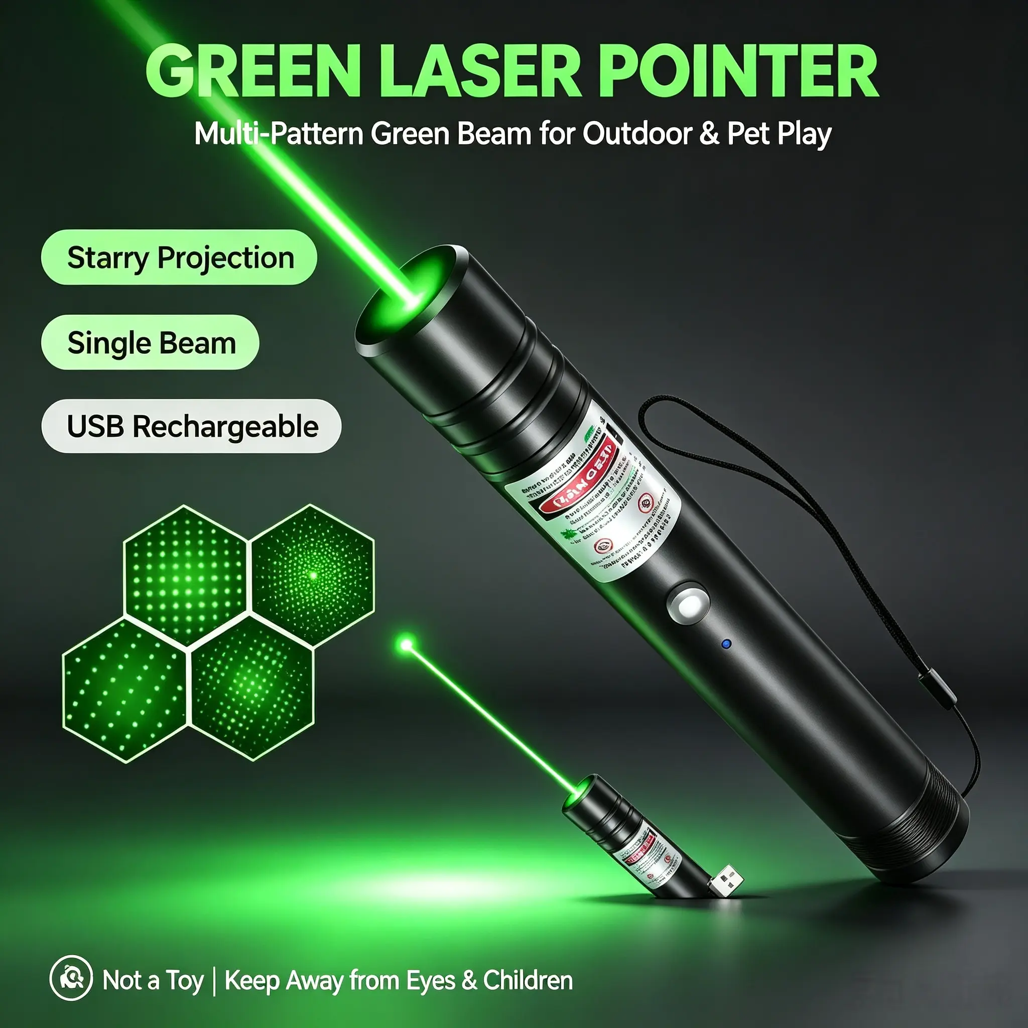 Rechargeable Green Las*er Pointer with Removable Star Cap, USB Rechargeable Laser Light for Astronomy, Construction, Presentations & Outdoor Use, Not a Toy
