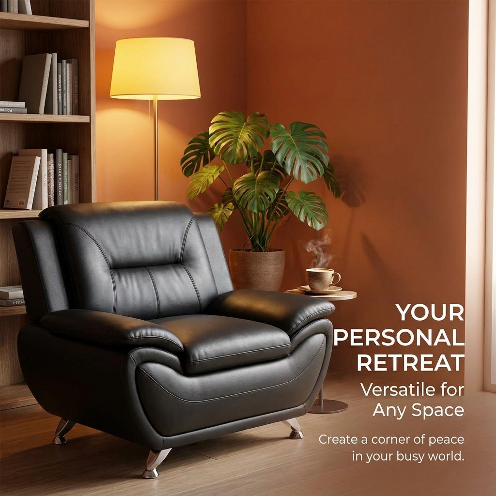 3-Piece Black PU Leather Sofa Set, Indoor Living Room Furniture Couch