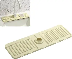 Faucet Mat for Kitchen Sink - 2025 Premium Upgrade: Enhanced Silicone Splash Guard with Rapid Drying & Dish Soap Sponge Holder, Perfect for Stone Sinks in Kitchen & Bathroom (Beige, 1 Pack) Cleaning