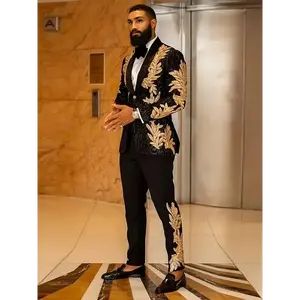 [2pcs Gold Sequins Suit] 2pcs Men Suit Black with Gold Sequins | Notched Lapel Single Breasted One Button Fit for Prom(Sheet)