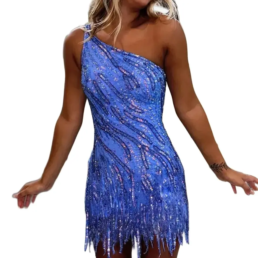 ZAPAKA Sparkly Blue Tight One Shoulder Short Sequins Homecoming Dress with Tassel - Elegant Mini Strap Style for Women homecoming  outfits