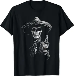 Men's Short-Sleeve Vintage Skeleton Mexican Chicano Art Graphic Sport T-Shirt - Lowrider Cholo Gangster Outfit for Men - MXC005