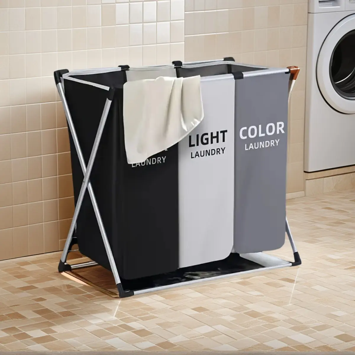 3-Section Collapsible Foldable Laundry Hamper Sorter Bin with Lid, Aluminum Frame, Waterproof Oxford Fabric, Large Capacity Portable Dirty Clothes Organizer for Bathroom, Bedroom, Laundry Bin Sorter