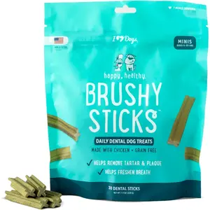 iHeartDogs Brushy Sticks - Dental Treats for Dogs Removes Plaque and Tartar Buildup - Grain-Free Dog Teeth Cleaning Chews Made with Chicken - 30 Mini Sticks