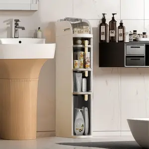 4-Tier Slim Bathroom Storage Cabinet, Narrow Cabinet Dresser with Drawers, Wheels, Handle & Toilet Paper Holder, Plastic Narrow Rolling Bathroom Floor Organizer for Bathroom, Kitchen, Laundry