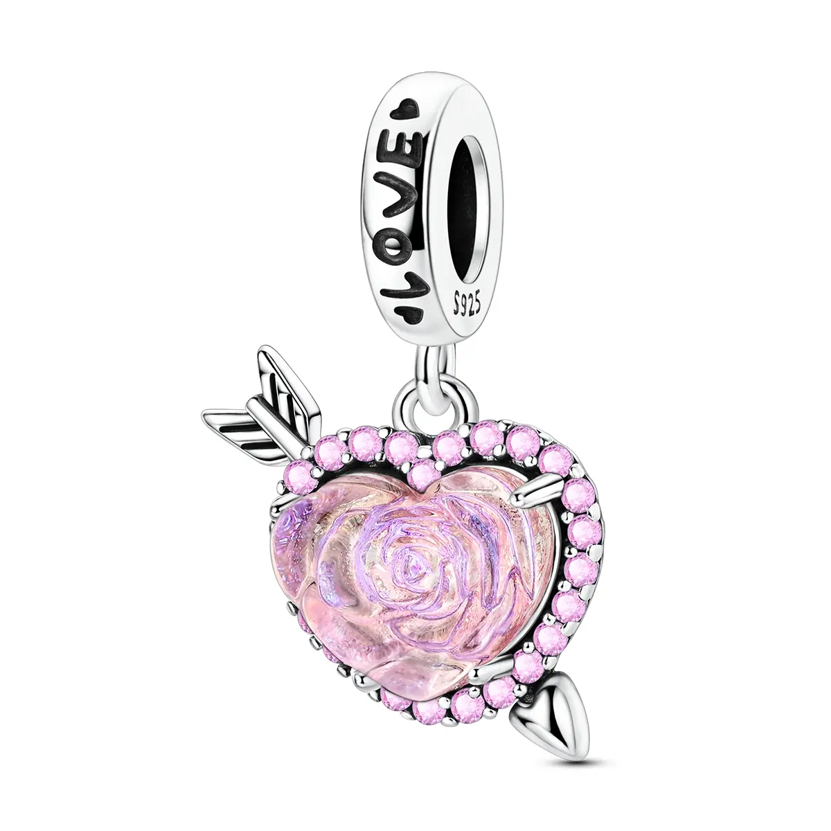 MULA 925 Silver-Plated Arrow Rose Heart Pendant Charm, Elegant Jewelry for Women with Pink Cubic Zirconia, Everlasting Love Collectible for Valentine's Day