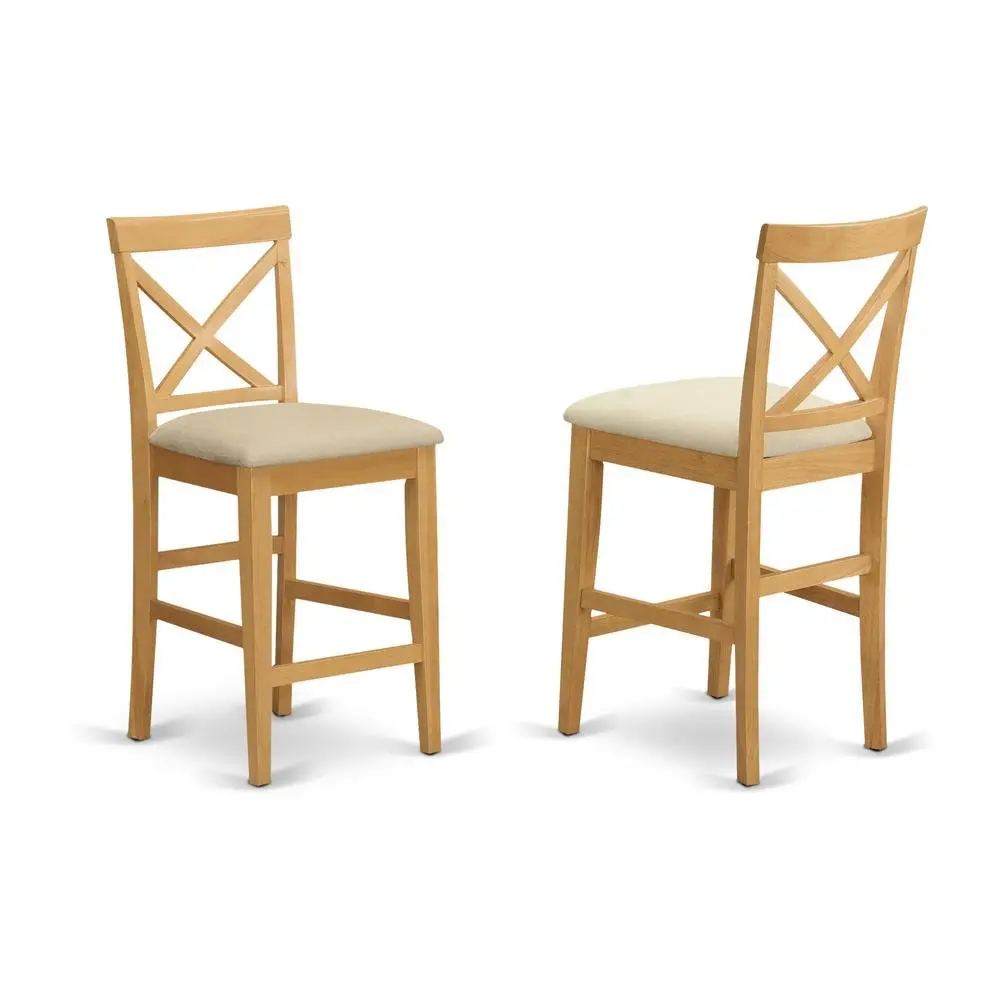 Solid Wood X-Back Counter Stools Set of 2, Natural Wood with Microfiber Seat - Traditional Classic for Home Bar, Dining Use, Padded Seats
