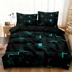 3-piece set (1 quilt cover +2 pillowcases, coreless) fluorescent blue building block printed quilt cover set, soft and comfortable bedding, suitable for use in all rooms, room decoration, Decorative Bedding Set