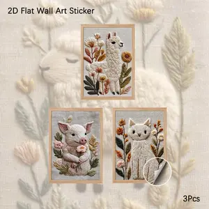 2D Flat Wall Art, 3Pcs PVC Self-Adhesive Framed Wallpaper Sticker, Cute Embroidered Style Alpaca Pig Cat Illustration Wall Decals, Aesthetic 3D Embroidery Animal Art Wall Decor for Living Room, Bedroom,Perfect Gift for Cottagecore Home Decor Fans