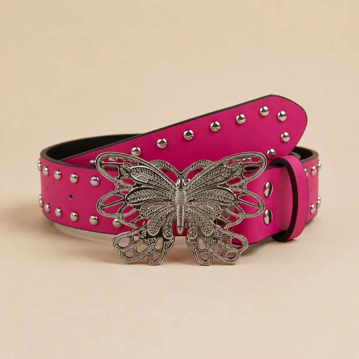 Hot Pink Studded Belt for Women with Butterfly Buckle, Y2K Western Statement Waist Belt