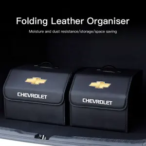Car Emblem Leather Trunk Storage Box Portable Foldable Multiuse Organizer Bag Auto Interior Accessories, Car Storage Organizers For Chevrolet Corvette Montana TrailBlazer Silverado Traverse Camaro Suburban Equinox Bolt Cruze Malibu Colorado Trax SS Spark