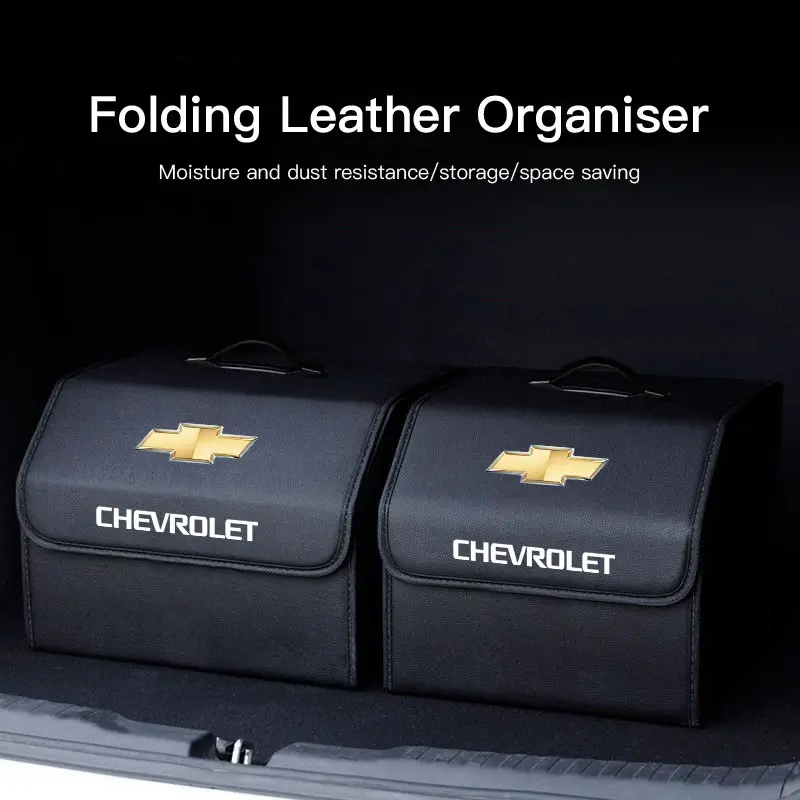 Car Emblem Leather Trunk Storage Box Portable Foldable Multiuse Organizer Bag Auto Interior Accessories, Car Organization Supplies, Car Storage Organizers For Chevrolet Corvette Silverado Camaro Suburban Equinox Malibu