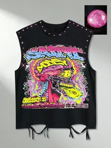 Rhinestone-Embellished & Distressed Cutout Design — Casual Sleeveless Cropped Y2K Graffiti Skull Print Sleeveless T-Shirt — American-Style Trendy Punk Streetwear Vest