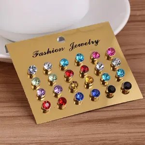 One Card Multi-Color Sparkling Diamond Earrings 12 Pairs Card Pack Earrings, Suitable for Dates, Gatherings, Parties