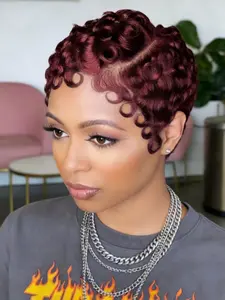 Women's Short Wig Human Hair 13x4 HD Lace Frontal Curly Wave Pixie Cut Wig, Easy-To-Wear Layered Design with Bangs for Valentine's & Daily Use