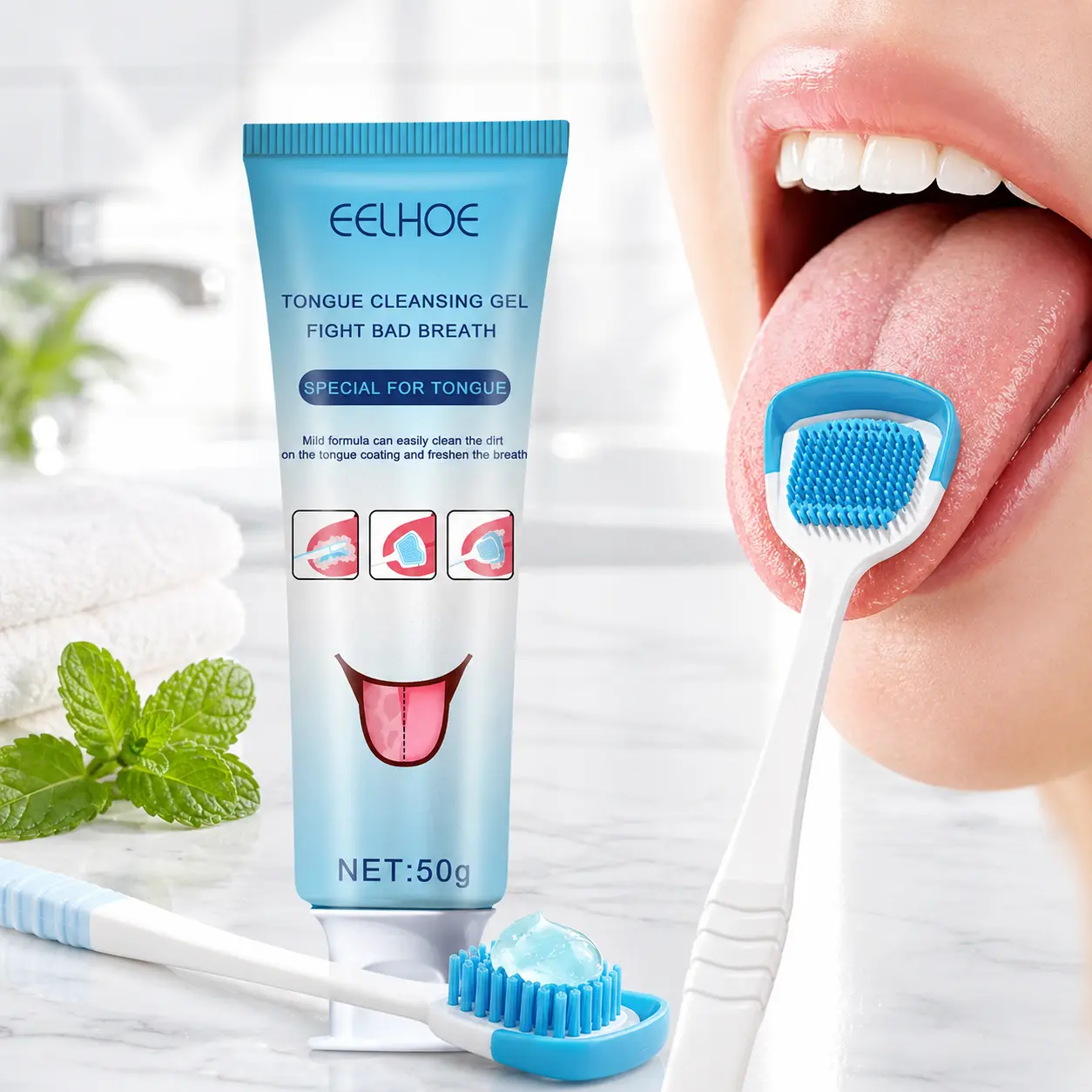 Tongue Coating Cleansing Gel with Built-in Brush, Mild Mint & Sorbose Formula - Oral Hygiene Routine Essential for Daily Use, Deep Residue Lift, Bacterial Growth Reduction, Fresh All Day 3-Step Gentle Care, No, Oralhygiene Routine