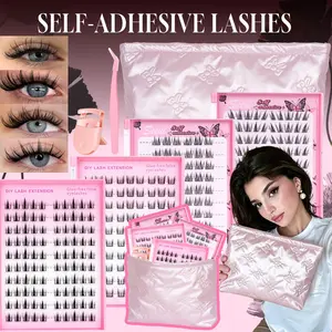 Clean Makeup Self-Adhesive Lash Cluster Kit, 4 Styles Natural Pre-Glued Press On Lashes, No Glue Needed Irritation-Free Cluster Eyelashes, Ultra-Thin Lightweight D Curl Lashes, Easy to Apply & Remove, No Residue Long Lasting for Beginners