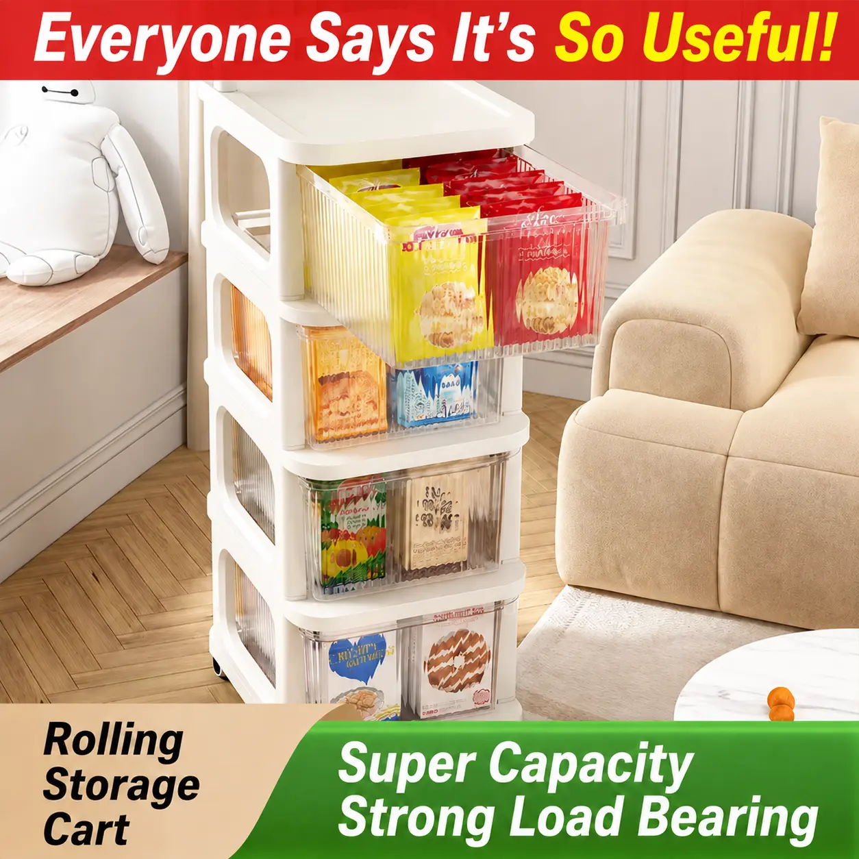 3 Tier Rolling Storage Cart with Drawers, Mobile Organizer Cart with Wheels, Large Capacity Storage Tower for Bathroom, Bedroom, Kitchen, Laundry Room & Home Organization