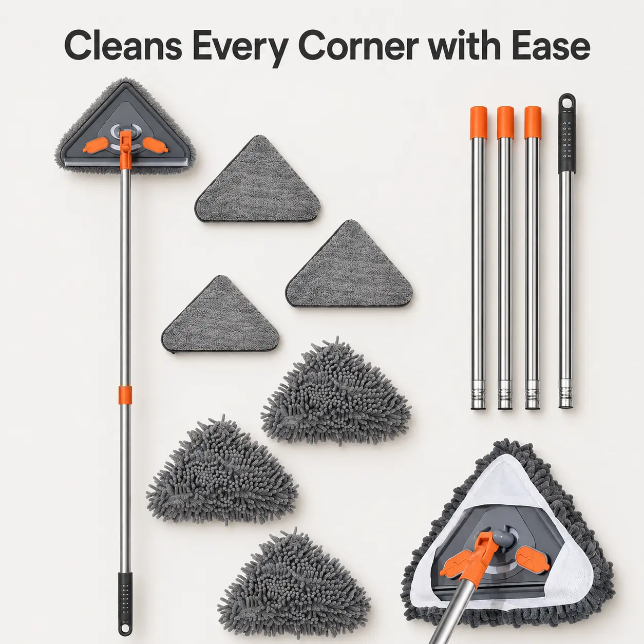 Extendable Long Handle Triangle Rotating Mop, Multi general Purpose Wall Ceiling Corner Cleaning Tool, Reusable Washable Mop replacement Pad Included, Lightweight Household Cleaning Mop for Hard-to-Reach Areas Chenille mopplops scrub brush