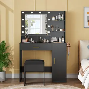 YJ-Garvee Compact Vanity with Mirror featuring Three-Level Adjustable Lighting, Drawer Cabinet, Power Outlet, and Stool, Ideal for Bedrooms and Apartments, Available in Black and White