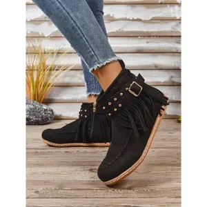 Women's Plain Short Boots with Faux Fur Lining, Casual Ankle Booties for Fall & Winter, Comfortable Textile Upper, Stylish Office Wear