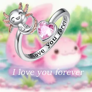 Enchanting Adjustable Alloy Ring with Pink Heart Zircon & Salamander Charm – Elegant Cute Jewelry Gift for Her, Unique Valentine's Birthday Present, Dainty Stackable Accessory for Women