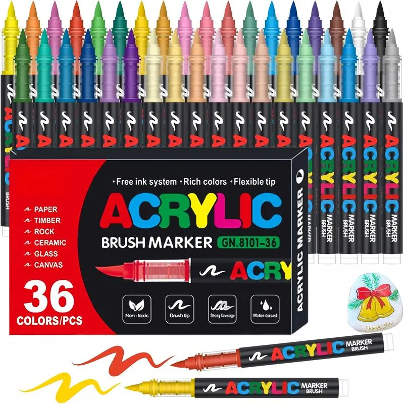 36-Color Vivid Acrylic Brush Marker Painting Supply Sets - Permanent, Non-Toxic, Lightfast, Waterproof, Smooth Tip Pens for Canvas, Rock Painting, Art for Kids, Beginner Friendly, Crafting Fun, Beginner Friendly Painting Supply Sets, Brush Paint Pens