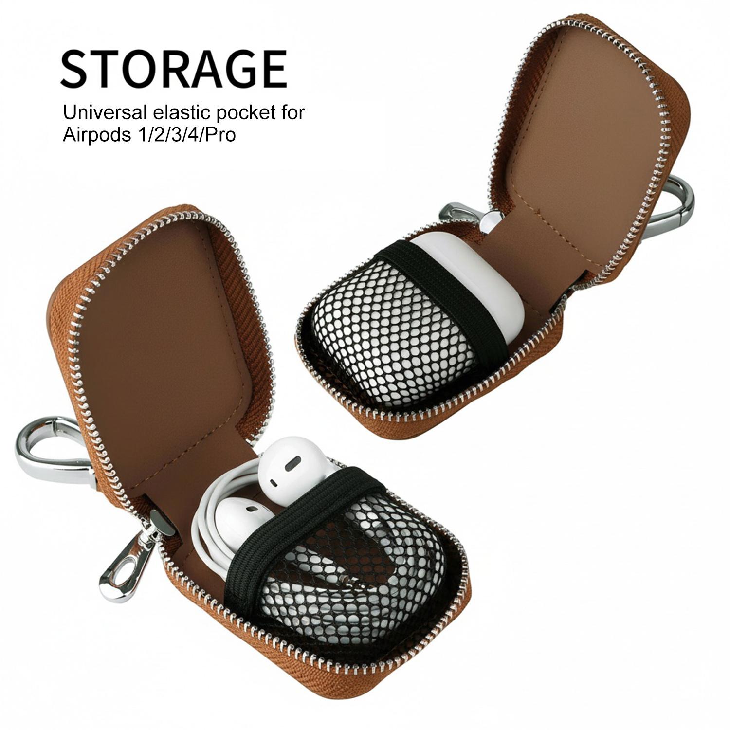 Earbud Carrying Case, Portable PU Leather Small Protective Storage Bag with Mesh Pocket & Keychain for Wireless Headphones, Earbuds, USB Cables & Accessories