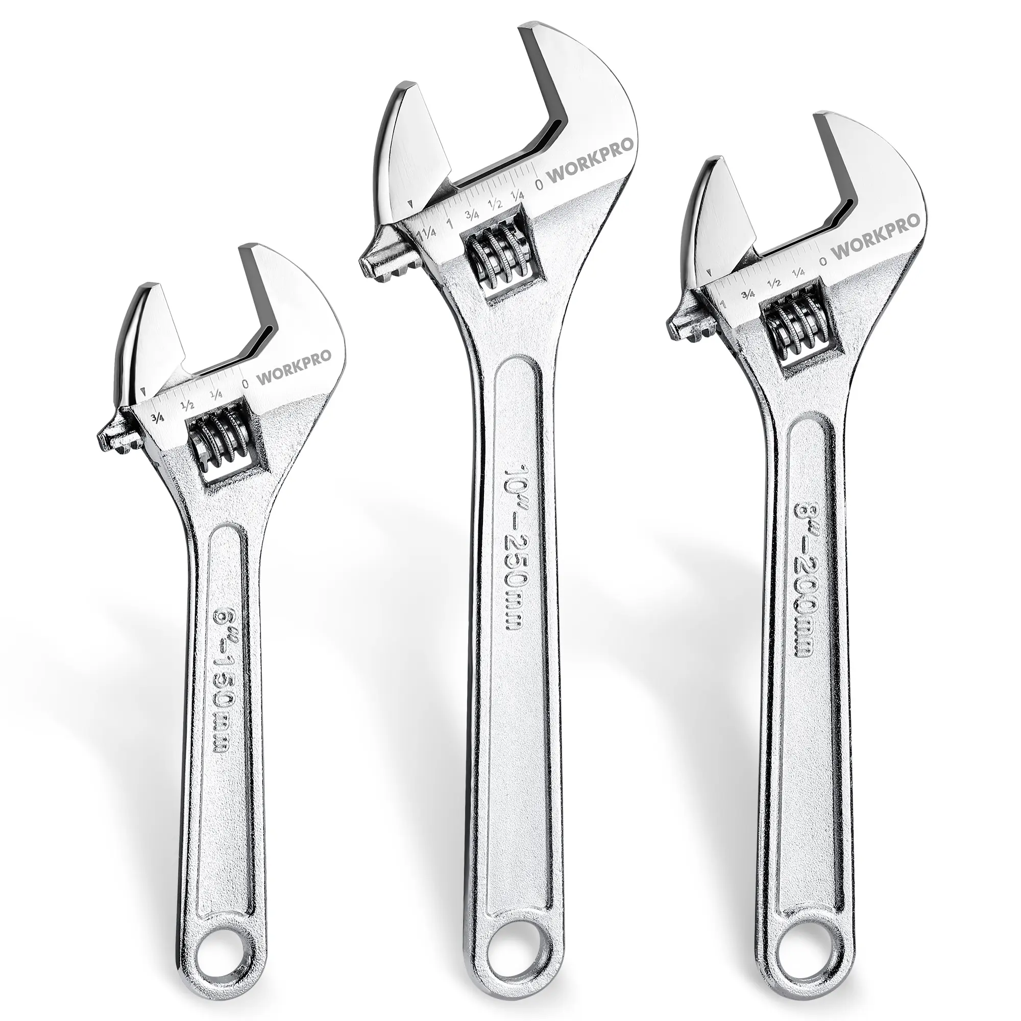 #summersale WORKPRO 3-Pack Adjustable Wrench Set, Forged Carbon Steel, Chrome-Plated, SAE & Metric Scale (6-inch, 8-inch, 10-inch)
