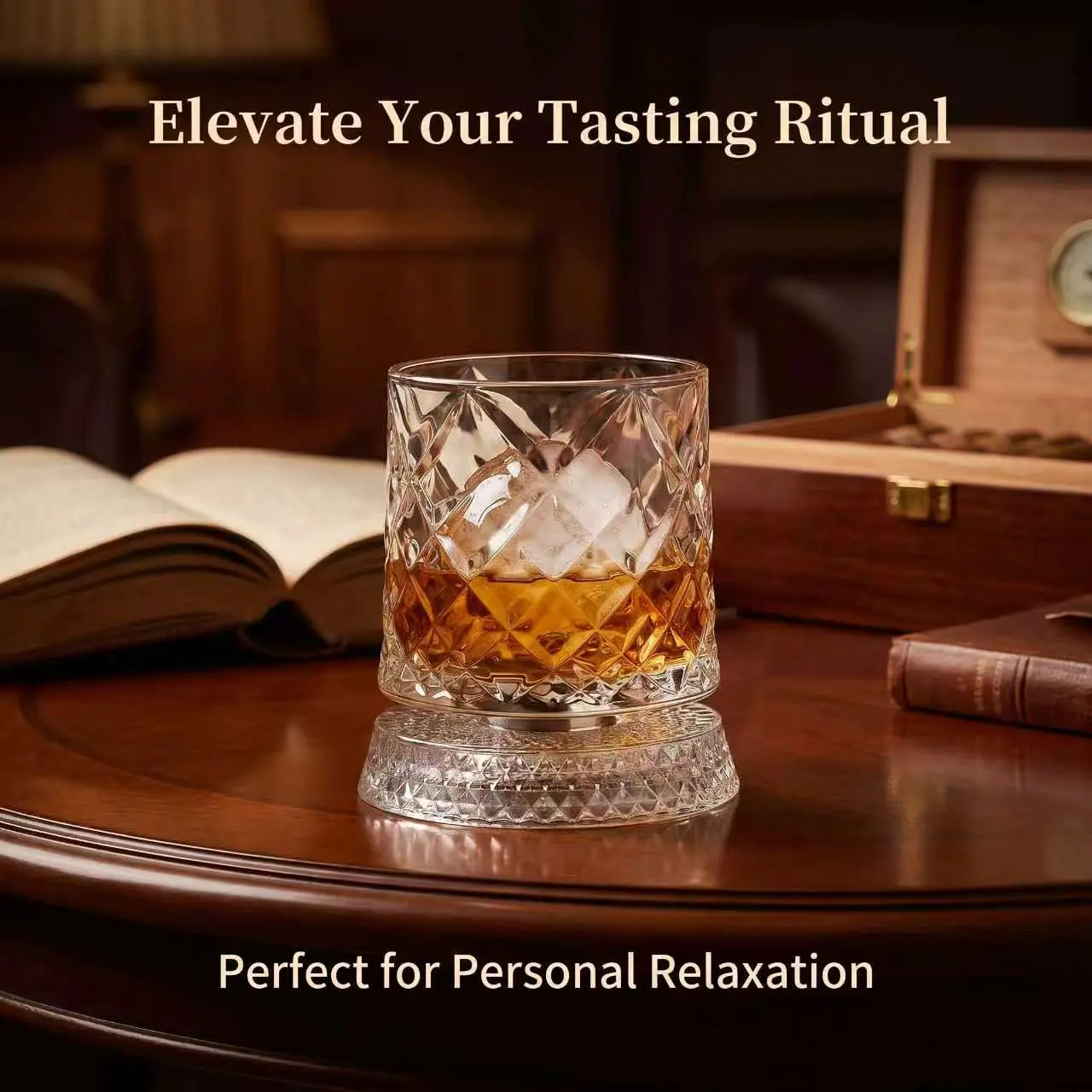 Luxury 360 degrees Spinning Lead-Free Crystal Glass, Diamond-Cut Stress Relief Whiskey & Bourbon Tumbler, 275ml Vintage Elegant Drinking Glass, Home Bar Accessory, Gift Choice, Rotatable Crystal Cup