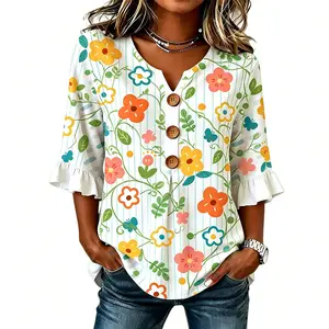 Women’s Floral Print 3/4 Ruffle Sleeve V-Neck Blouse