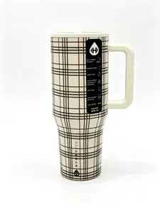 HydroJug 40oz Brown & Cream Plaid Tumbler with Handle & Straw - Leakproof Stainless Steel Cup, Cup Holder Friendly vacuum flask-funny gift tumbler perfect religious large capacity car cup