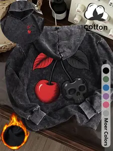 Cotton clothing, Halloween theme cherry and skull graphic pattern print, a plush casual sports fit hoodie, retro style washed cotton long-sleeved hooded sweatshirt, autumn and winter women's clothing