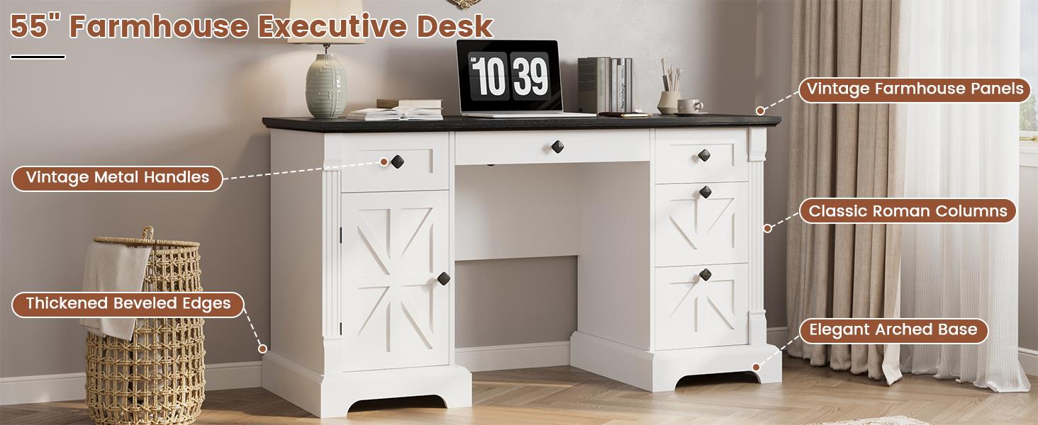55" Office Desk with Drawers, Farmhouse Executive Desk with Charging Station, Hidden Cabinet, File Cabinet Storage, Wood Computer Desk with 5 Drawers for Work Study Writing, White