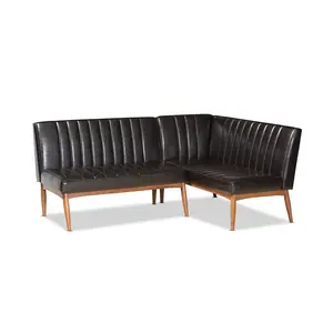 Leather Upholstered Walnut Brown Finished Wood 2-Piece Dining Nook Banquette Set