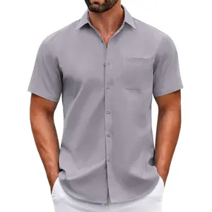 Men's short sleeved casual button up shirt summer buttonless shirt with pocket(Sheet)