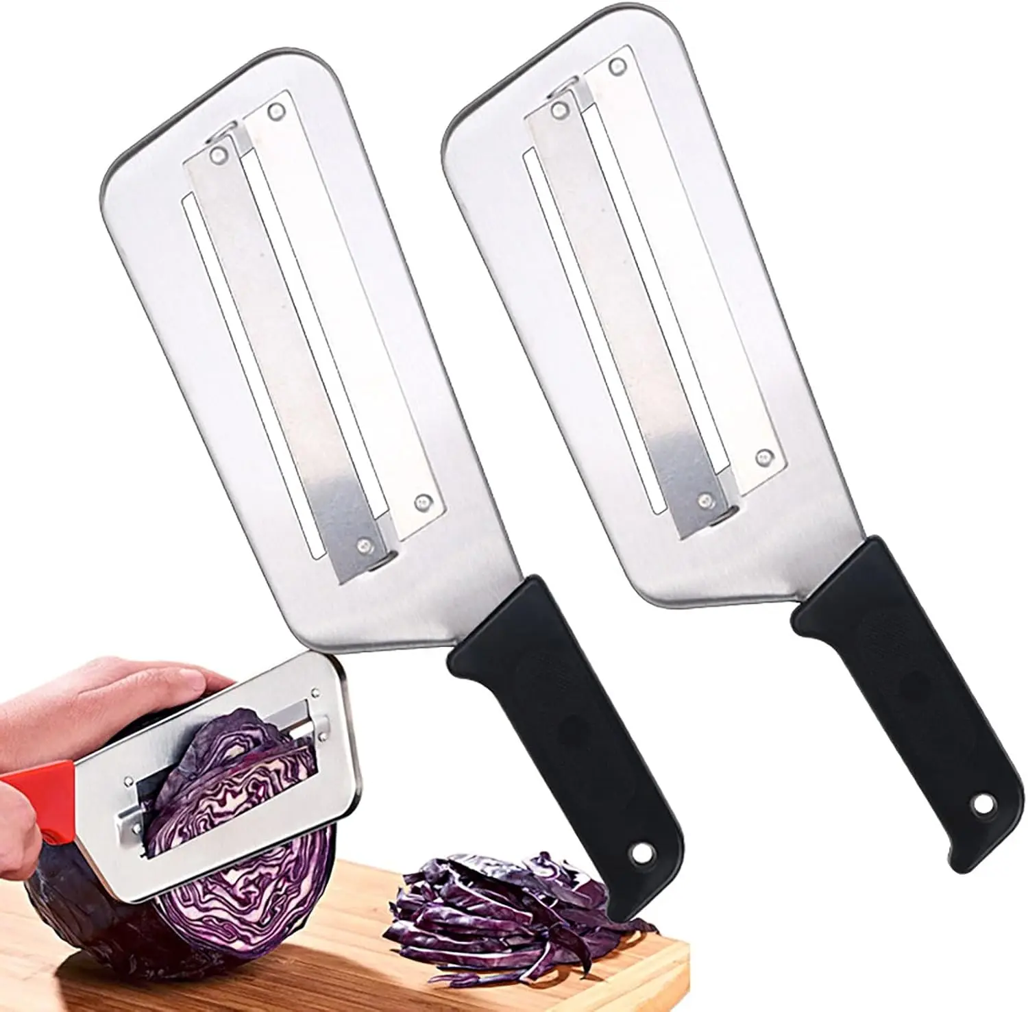 2 Pcs Cabbage Chopper Shredder - Stainless Steel Kitchen Knife for Slicing, Grating & Shredding - Perfect for Sauerkraut, Coleslaw, Vegetables - Sharp Blades, Easy to Clean & Durable (2 Pcs Black)