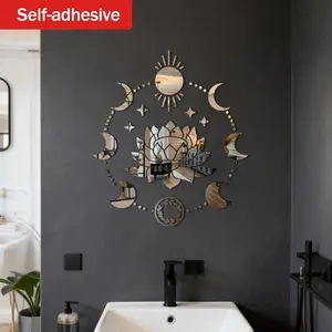 Self-Adhesive Mirror Decorative Sticker, Zen Style Artistic Wall Art for Living Room & Bedroom, High-Quality Star Moon Lotus Design, Creative Gift