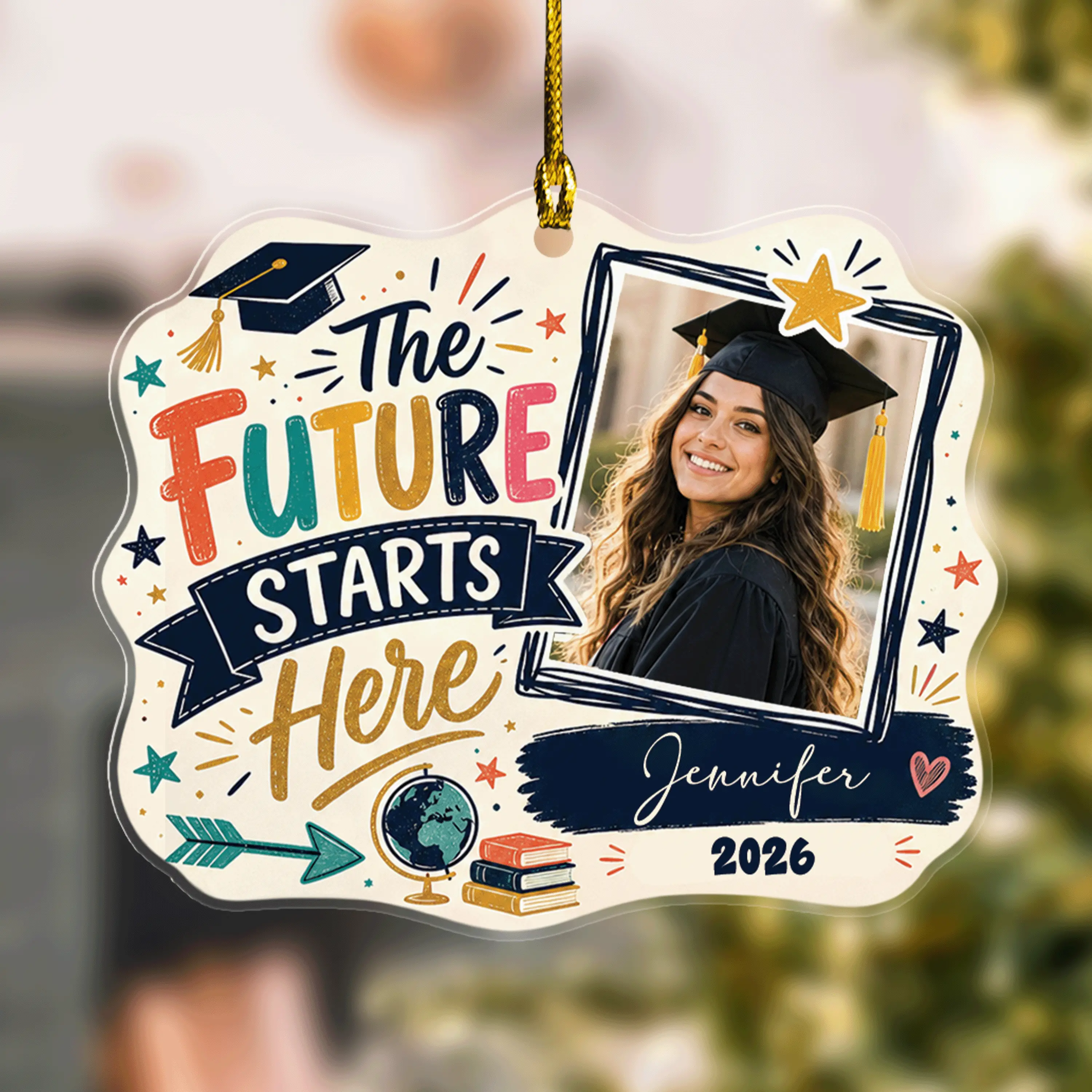 The Future Starts Here Personalized Acrylic Ornament with Photo, Custom Name Graduation Gift
