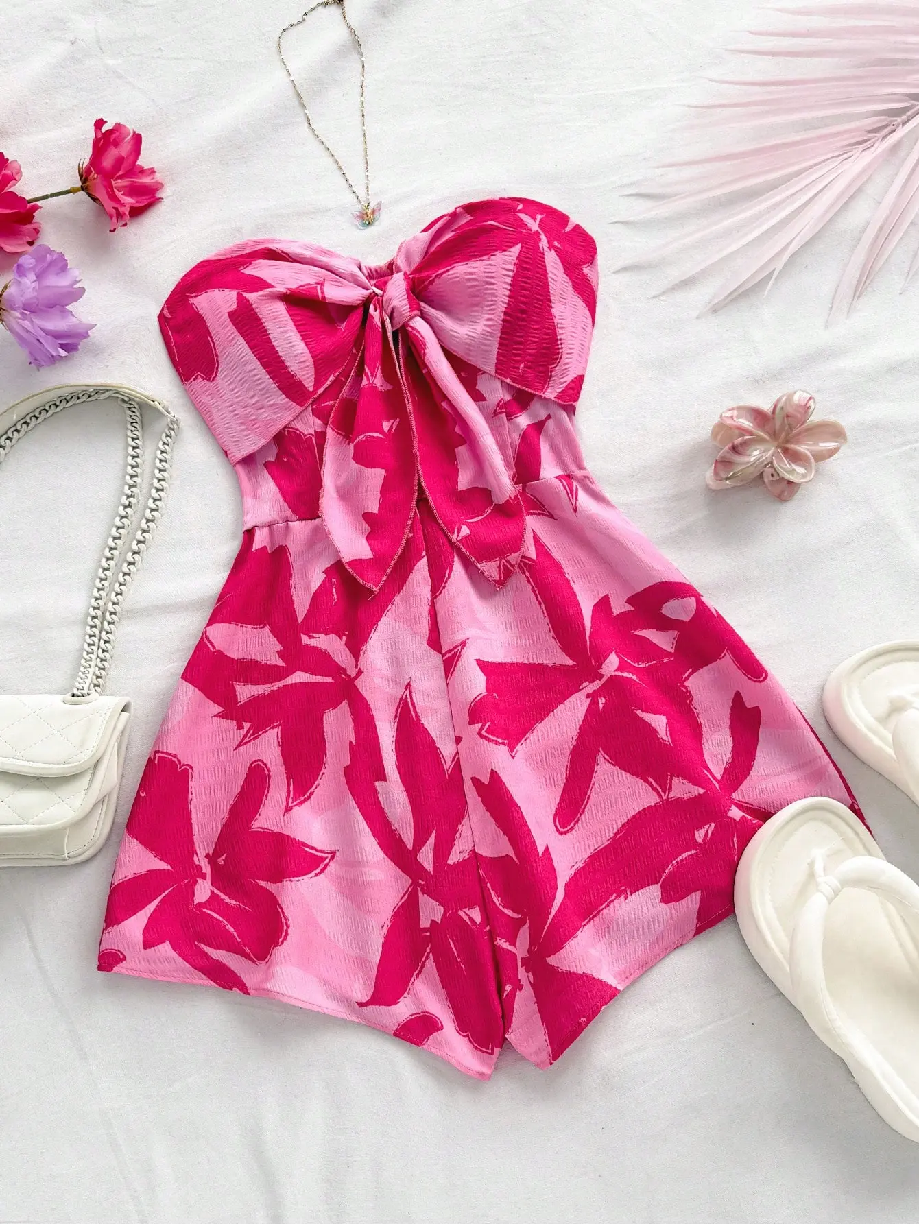 Women's Pink Floral Jumpsuit | Watercolor Print Boho One Piece Wide Leg Outfit | Summer Vacation Beach Resort Party Brunch Wedding Guest Holiday Elegant Bohemian Style