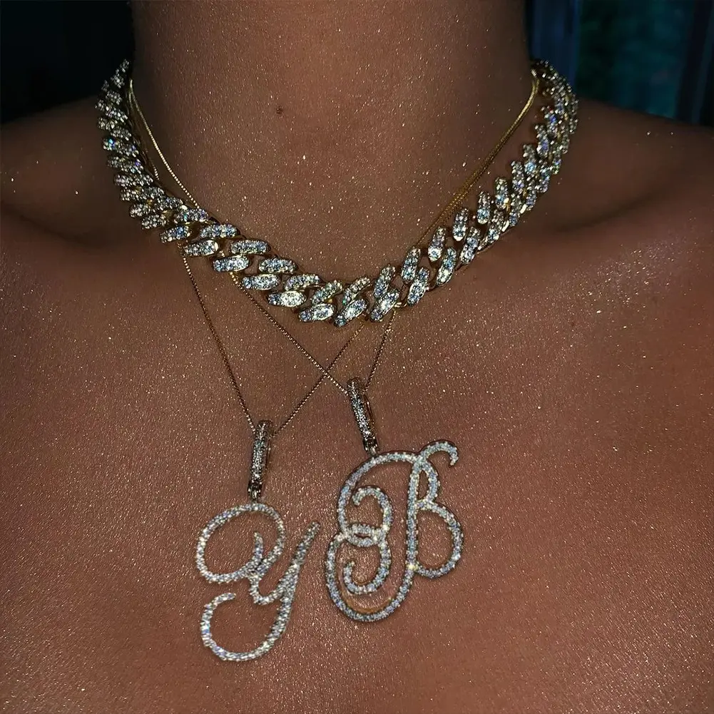 Women's Silver Hip Hop Cursive Initial Letter Necklace for Adults, Shiny Zircon Pendant on 26-in C and Rope Chain, Fashion Costume Jewelry Accessory, Alphabet Pendant