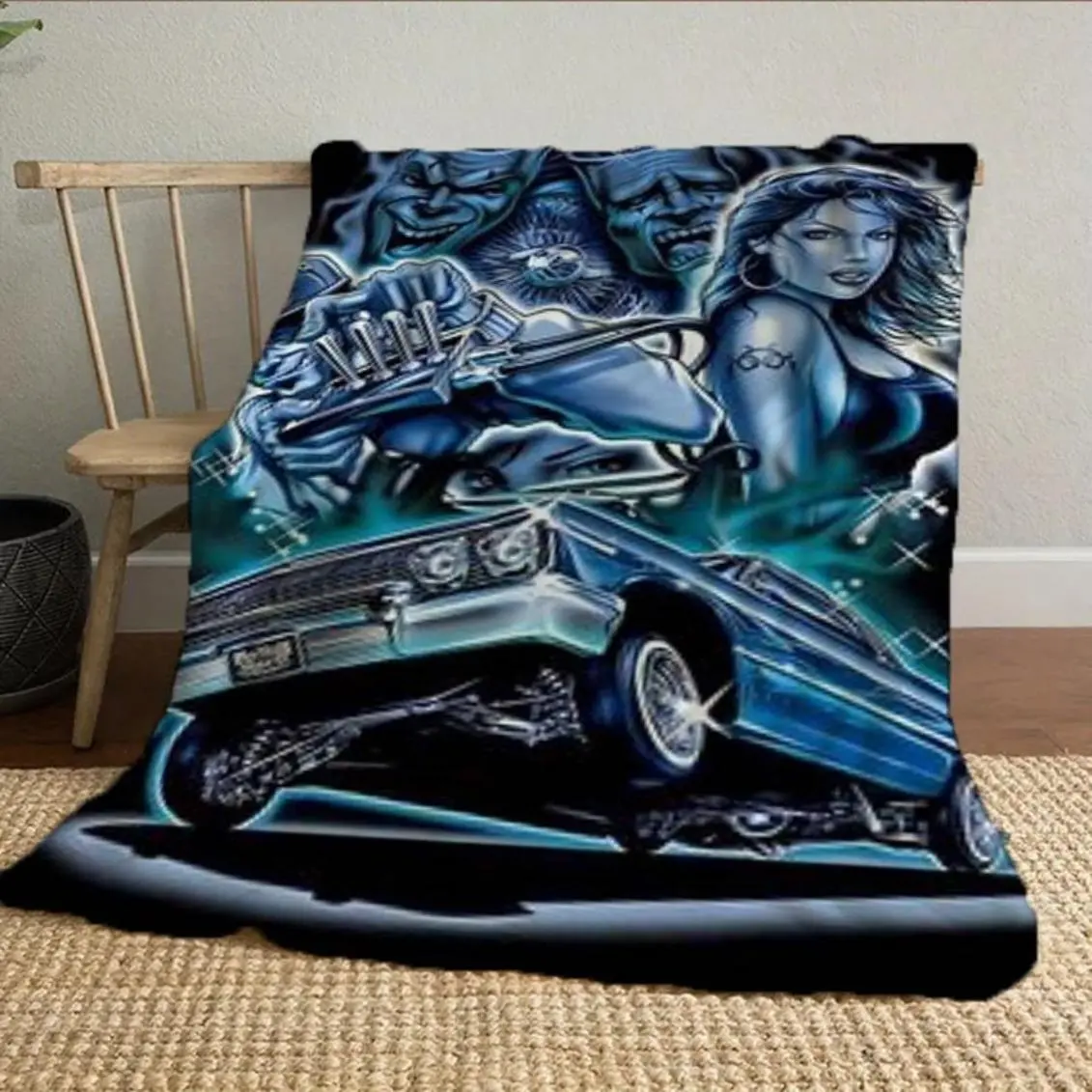 Chicano Culture Low-Profile Car Illustration Classic Blanket, Wrinkle-Resistant Breathable Durable All-Seasons Soft Throw for Sofa, Camping - Warm Haven Textiles