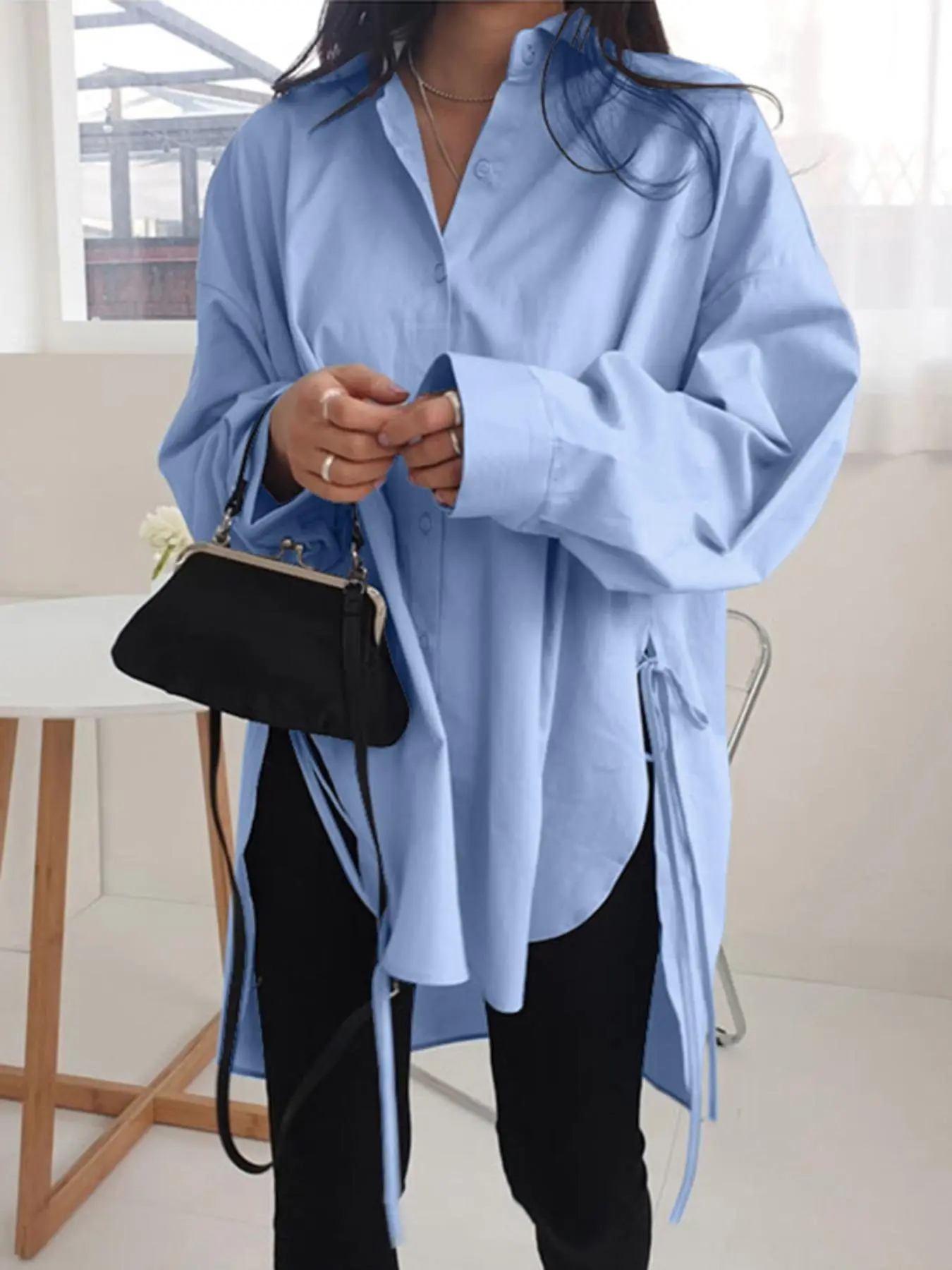 Women's Basic Plain Drawstring High Low Hem Button Front Collared Shirt, Blouse, Casual Button Up, Casual Drop Shoulder Long Sleeve Fit Top for Fall & Winter, Women's Clothing for Daily Wear, Womenswear, Loose Shirt
