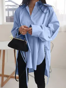 Women's Plain Drawstring High Low Hem Button Front Shirt, Blouse, Casual Drop Shoulder Long Sleeve Top for Fall & Winter, Women's Clothing for Daily Wear